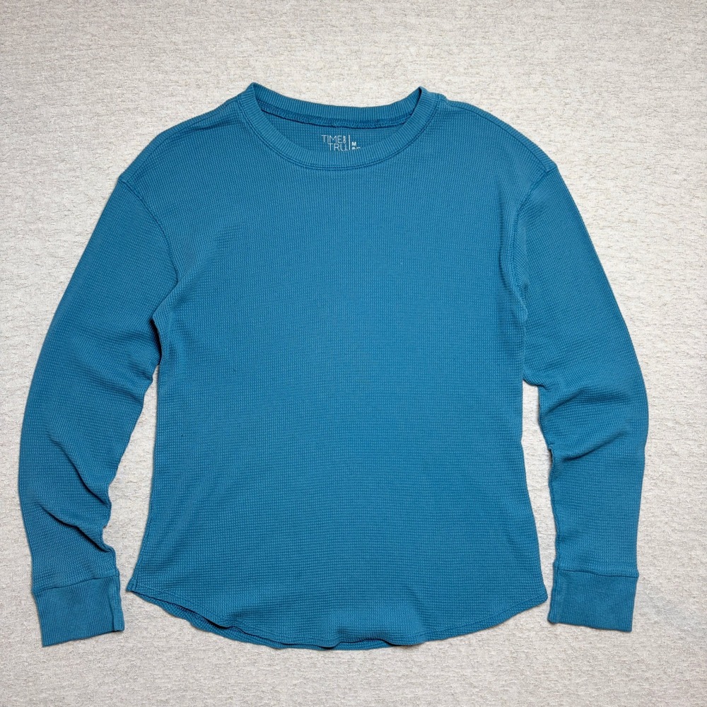 Time and Tru Womens Top M 8-10 Teal Blue Waffle Knit Long Sleeve Curved Hem Good